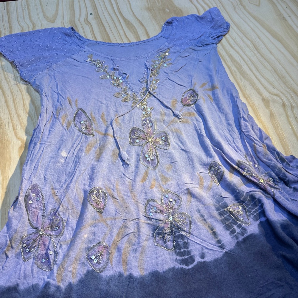 Boho Purple Ombre Embroidered Sequin Tunic Top Short Sleeve Festival T-Shirt